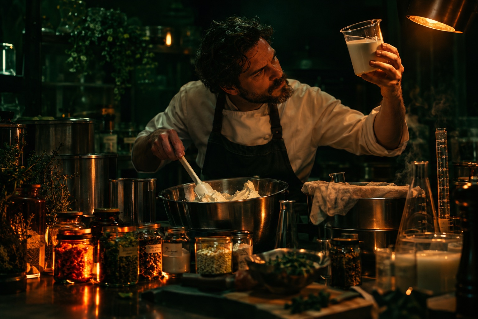 A Cult Pantry chef in goggles and an apron, mixing a bowl of dough beside lab beakers and jars of ingredients